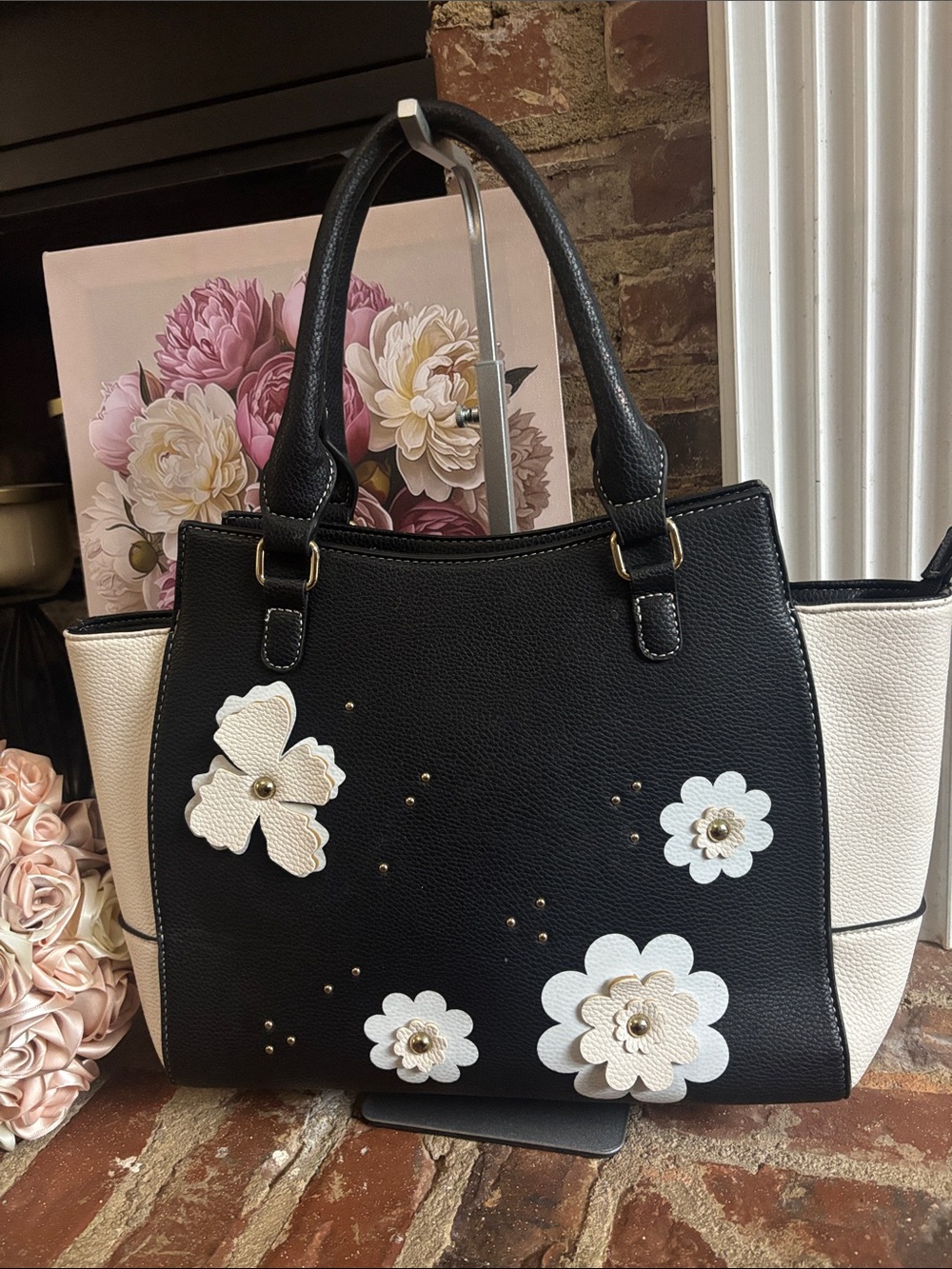 Charming Charlie Black & White Floral Appliqué Satchel Handbag